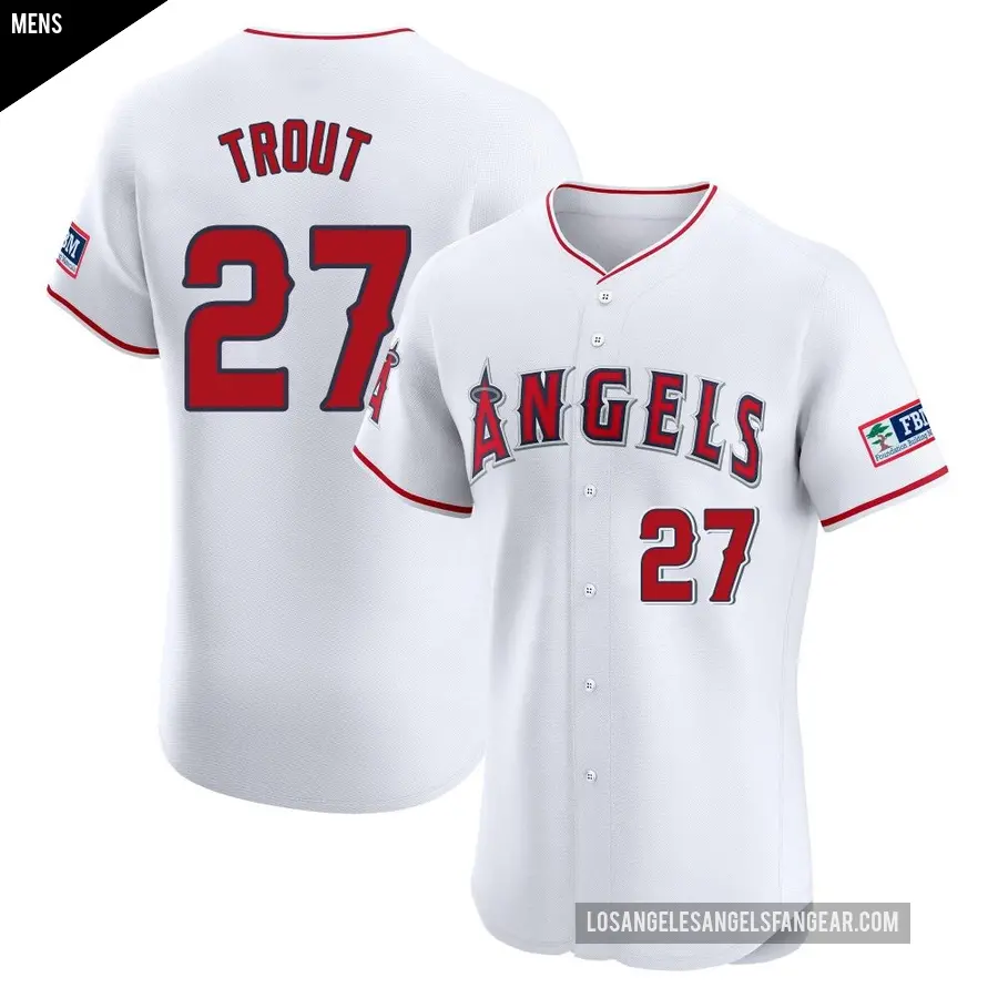 Men's Los Angeles Angels ＃27 Mike Trout Elite White Home Patch Jersey