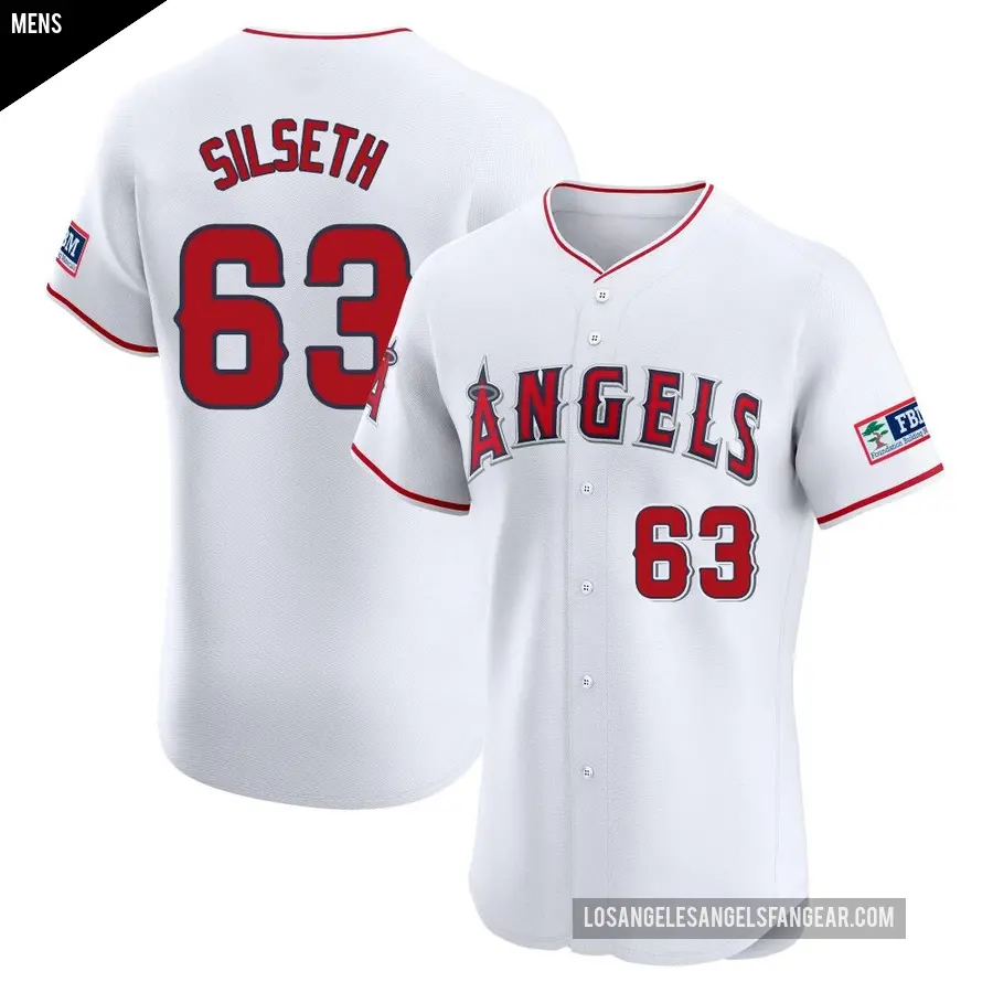 Men's Los Angeles Angels ＃63 Chase Silseth Elite White Home Patch Jersey